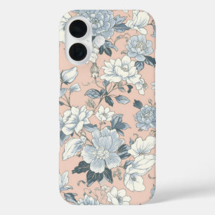 Coque Pour iPhone 16 Pivoines bleues Pêche Botanique Floral Vintage