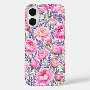 Coque Pour iPhone 16 Pivoines roses & Lavande Motif floral aquarelle
