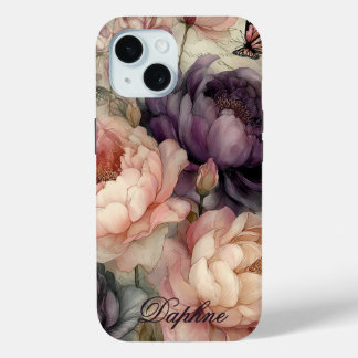 Coque Pour iPhone 15 Pivoines Vintage Roses et Violettes Personnalisées