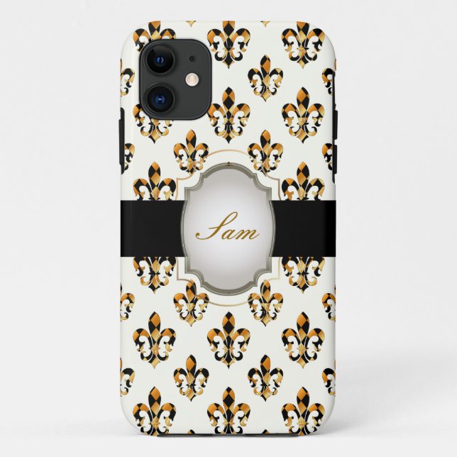 Coques Case-Mate iPhone PixDezines fleur de lis/arrière - plan d'or noir (Dos)
