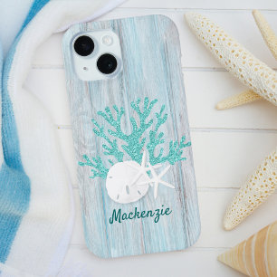 Coque Pour iPhone 15 Plage Côte Bois Aqua Parties scintillant sur mesur