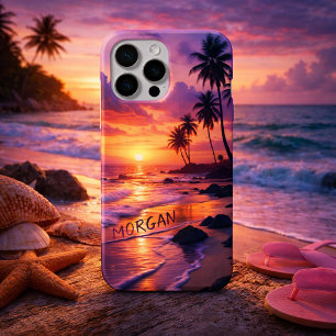Coque iPhone 15 Pro Max Plage personnalisée au coucher du soleil tropical
