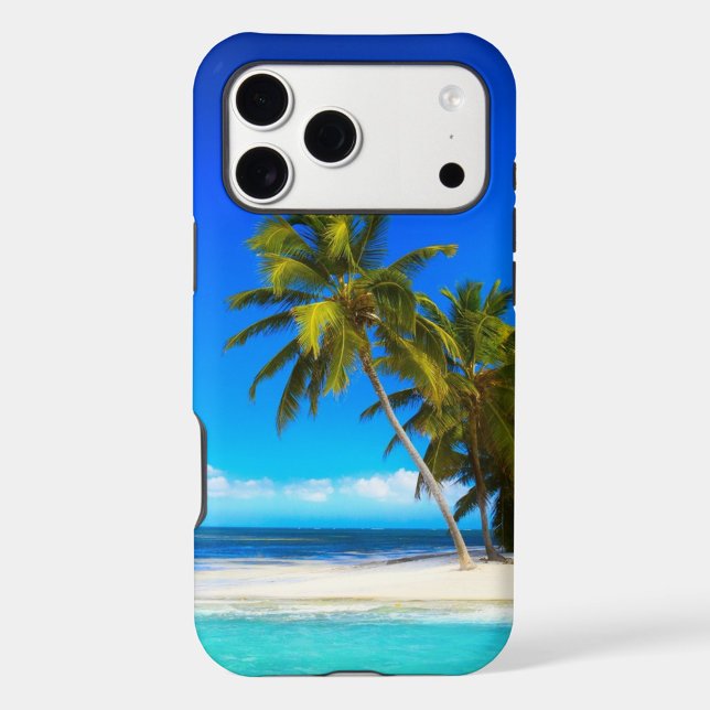 Coques Case-Mate iPhone Plage tropicale (A phone case featuring a vibrant beach scene. The case is predominantly blue around the edges.)