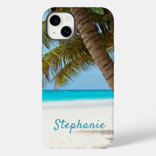 Coque Pour iPhone 14 Plus Plage tropicale Monogram Palm Tree Turquoise Cool