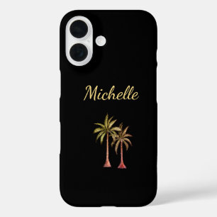 Coque Pour iPhone 16 Plage tropicale Palm Trees Gold Script Noir