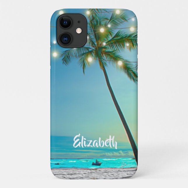 Coques Case-Mate iPhone Plage tropicale Palmiers Arbres à cordes Lumières  (Dos)