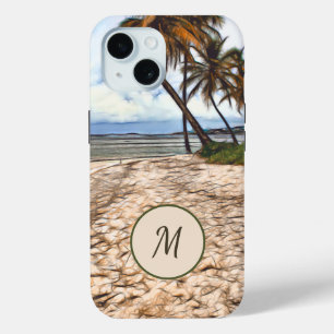 Coque Pour iPhone 15 Plage tropicale Palmiers Océan Monogramme