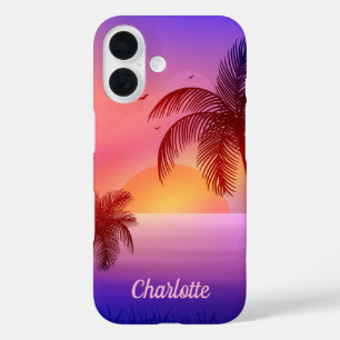 Coque Pour iPhone 16 Plage tropicale violette au coucher du soleil