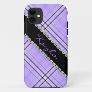 Coque iPhone 11 PLAID et FAUSSE PIERRE POURPRES MIGNONS je