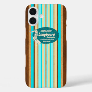 Coques iPhone 16 Plus Planche de surf de pipeline Hawaiian Stripes Aqua
