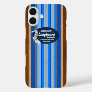 Coques iPhone 16 Plus Planche de surf de pipeline Hawaiian Stripes bleu