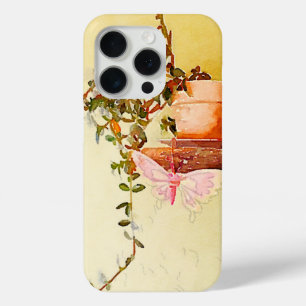 Coque iPhone 15 Pro Plante en pot et papillon à l'aquarelle