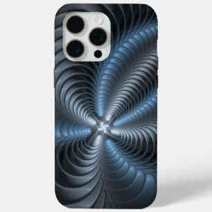 Coque iPhone 15 Pro Max Plastique bleu gris 3D Fractal Art moderne Abstrai