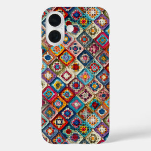 Coque Pour iPhone 16 Plat Carré Granny Crochetée Multicolore