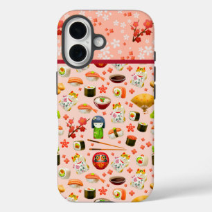 Coque Pour iPhone 16 Plat de poisson sushi japonais motif sur rose