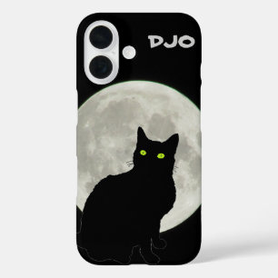 Coque Pour iPhone 16 Pleine lune Chat noir levant