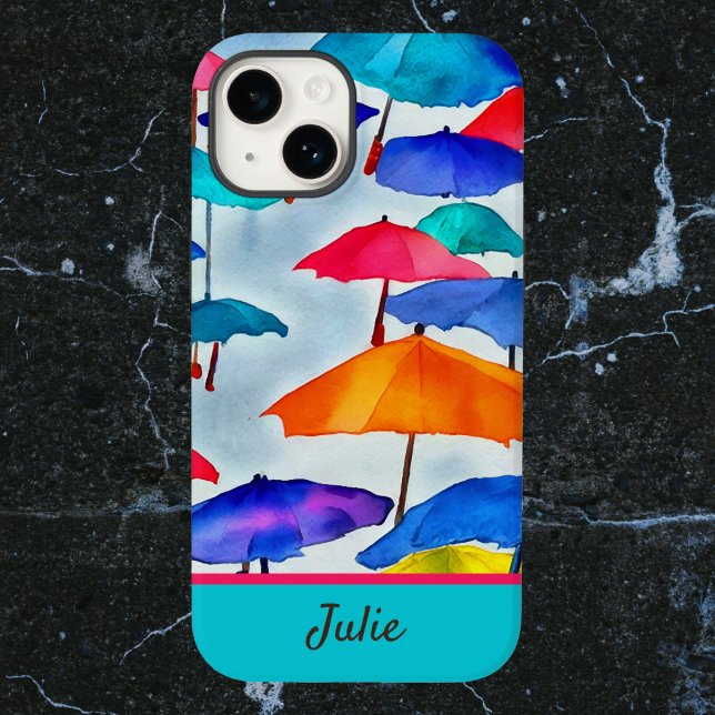Coques Case-Mate iPhone Pluie Parapluies d'aquarelle gaie avec nom (Créateur téléchargé)