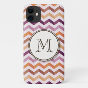 Coque iPhone 11 Plum rose bonbon Chevron rayures et Monogramme ron