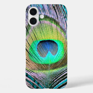 iPhone 16 Plus Case Plume de paon sur Turquoise
