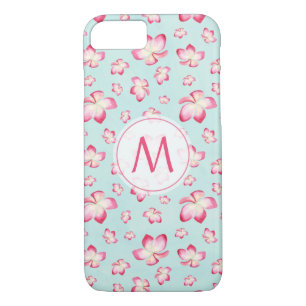 Coque iPhone 7 Plumeria rose tropicale Aquarelle florale Monogram