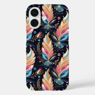 Coque Pour iPhone 16 Plumes Aquarelles Élégantes Bleu Nuit Rose Et Thé