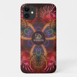 Coques Pour iPhone Plumes d'art fractal rouge Nom du monogramme perso