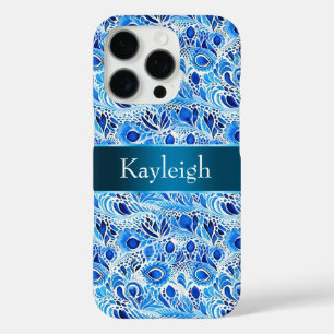 Coques iPhone 16 Pro Plumes de paon bleu blanc