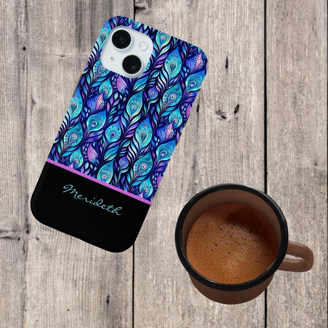 Coques Case-Mate iPhone Plumes de paon bleu violet sur monogramme noir (Créateur téléchargé)