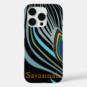 Coques iPhone 16 Pro Plumes de paon moderne Noir Turquoise Votre nom