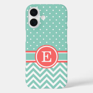 Coques iPhone 16 Points Chevron Coral et Aqua Preppy Monogramme