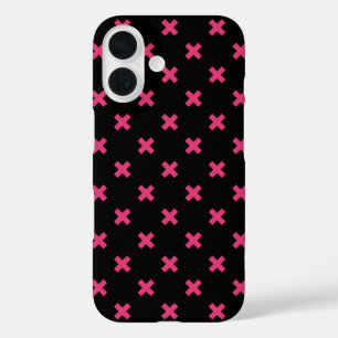 Coque Pour iPhone 16 Points de croix fuchsia sur fond noir