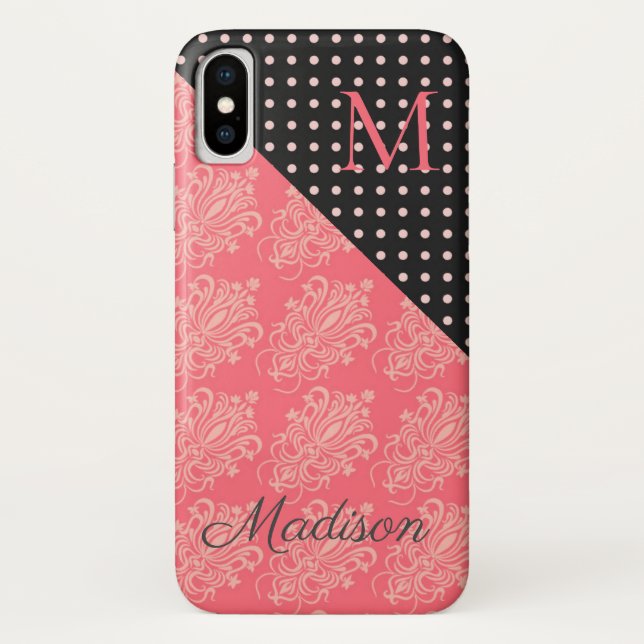 Coques Case-Mate iPhone Points noirs roses Damask Fille tendance Monogramm (Dos)