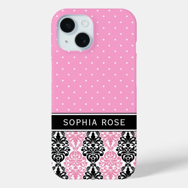 Coques Case-Mate iPhone Pois et Damask Pink Black Nom personnalisé (Verso)