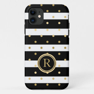 Coque iPhone 11 Pois Or Chic Avec Bandes Noires Et Blanches