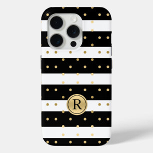 Coque iPhone 15 Pro Pois Or Chic Avec Bandes Noires Et Blanches