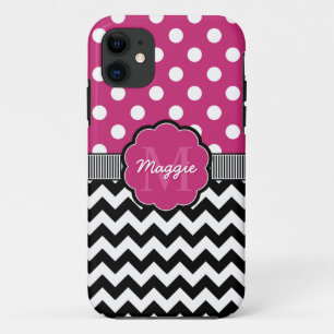 Coques Pour iPhone Pois rose noir Chevron Monogramme