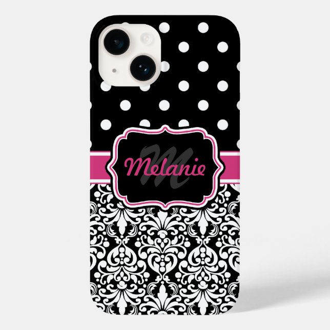 Coques Case-Mate iPhone Pois rose noir Damask Motif Monogramme (Verso)