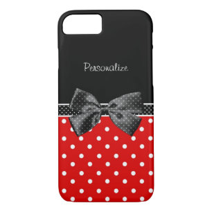 Coque iPhone 7 Pois rouge et noir Girly avec l'arc et le nom