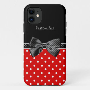 Coque Case-Mate Pour iPhone Pois rouge et noir Girly avec l'arc et le nom