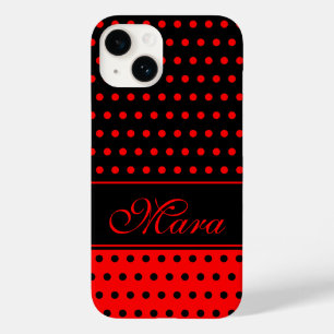 Coque Pour iPhone 14 Pois Super Chic Rouge Et Noir, Nom Personnalisé