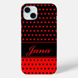 Coque iPhone 15 Mini Pois Super Chic Rouge Et Noir, Nom Personnalisé