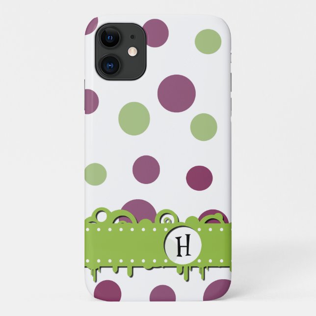 Coques Case-Mate iPhone Pois violets, Pois verts, Monogramme (Dos)