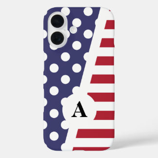 Coque Pour iPhone 16 Polka bleu et blanc rouge point et Motif de bande