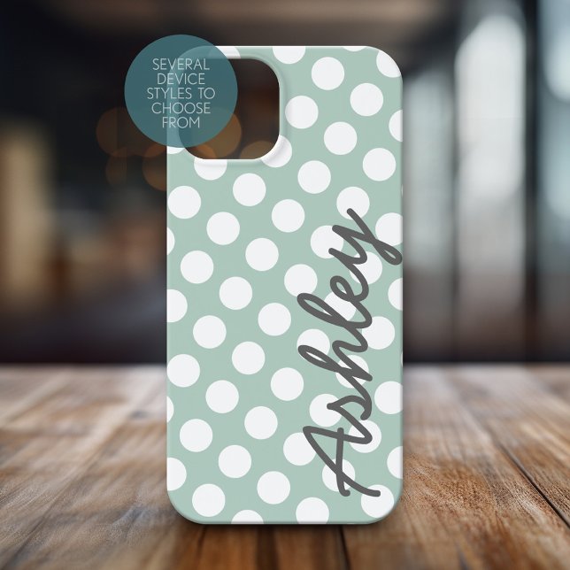 Coques Case-Mate iPhone Polka Dot Motif avec nom - menthe grise (Personalized Phone Case with Polka Dots and Custom Name)