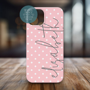 Coque Pour iPhone 15 Polka Dot rose vierge script gris nom