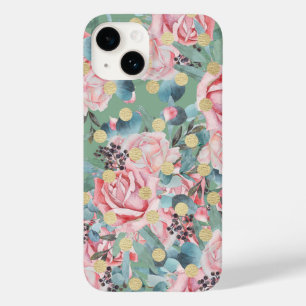 Coque Pour iPhone 14 Polka rose fleurie point rose vintage patte turquo