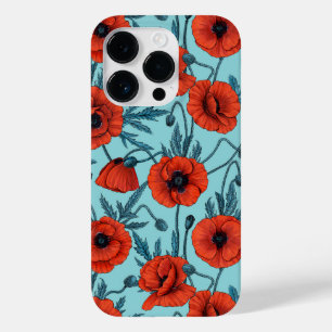 Coque Pour iPhone 14 Pro Poppies, rouge et bleu sur le bleu de la piscine