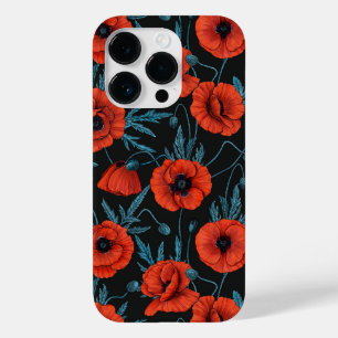 Coque Pour iPhone 14 Pro Poppies, rouge et bleu sur noir