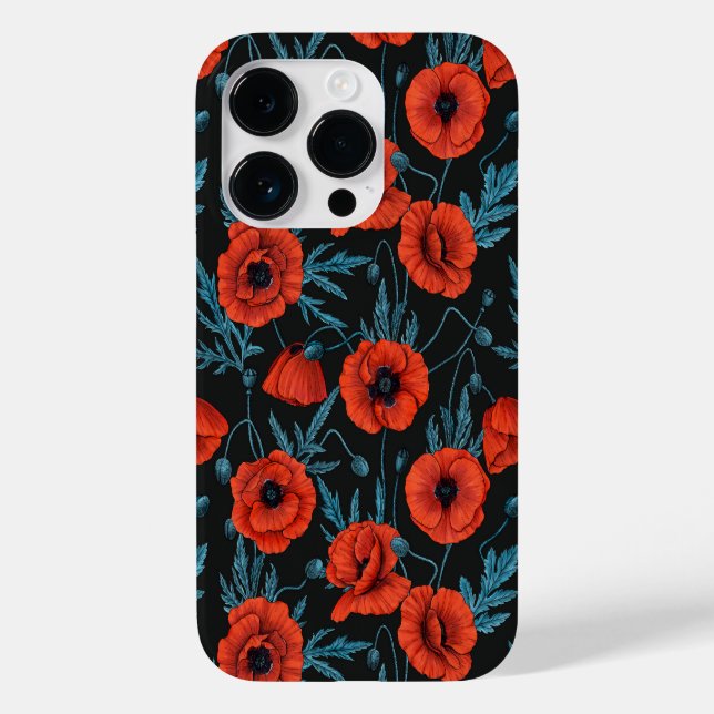 Coques Case-Mate iPhone Poppies, rouge et bleu sur noir (Verso)