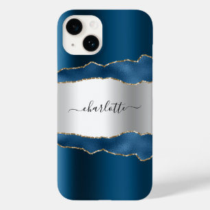 Coque Pour iPhone 14 Porte en or bleu argenté en marbre